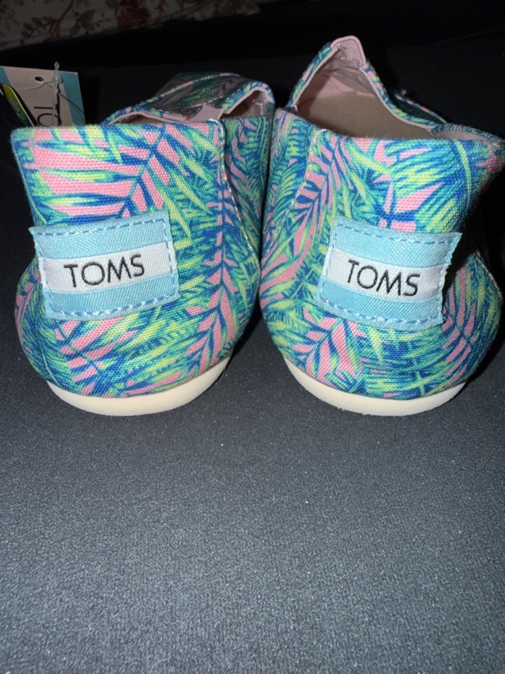 TOMS Tropical Leaf Print Pink & Green Alpargata Flats summer, flats, colorful - Picture 4 of 9